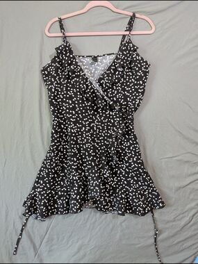 Black Ruffle Wrap Mini Dress with White Hearts Print